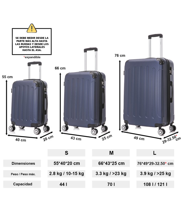 Juego de 3 Maletas ABS Cabina 55x40x20cm | Mediana 66x43x25cm| Grande 76x49x29cm - AzulMarino