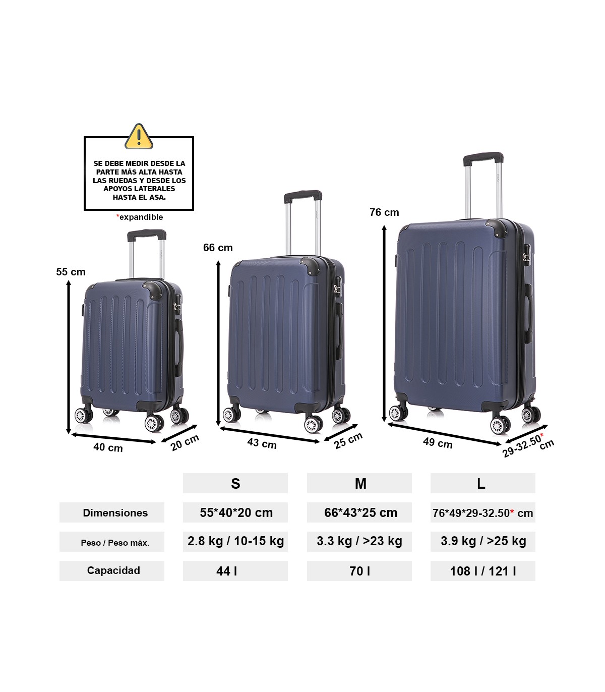 Juego de 3 Maletas ABS Cabina 55x40x20cm | Mediana 66x43x25cm| Grande 76x49x29cm - AzulMarino