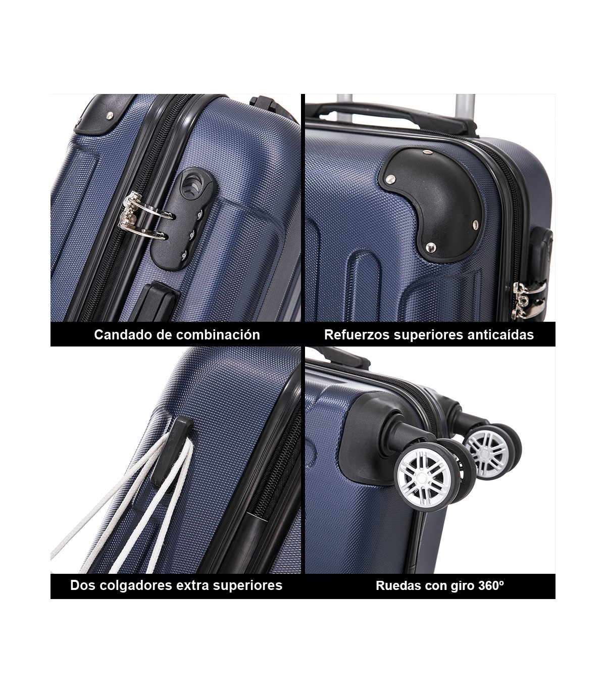 Juego de 3 Maletas ABS Cabina 55x40x20cm | Mediana 66x43x25cm| Grande 76x49x29cm - AzulMarino