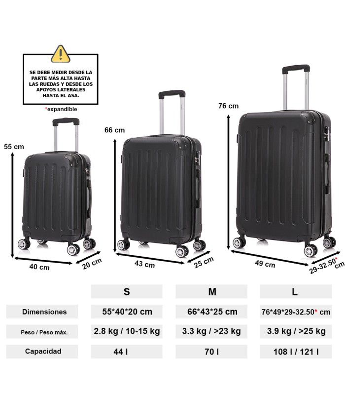 Conjunto de 3 Malas de Cabine em ABS 55x40x20cm | Média 66x43x25cm | Grande 76x49x29cm - Preta