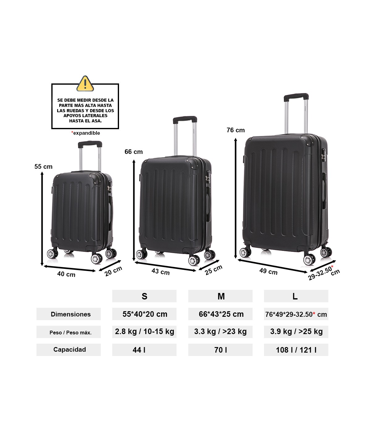 Conjunto de 3 Malas de Cabine em ABS 55x40x20cm | Média 66x43x25cm | Grande 76x49x29cm - Preta