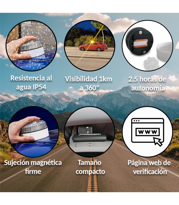 Baliza V16 | 6 Pcs | 2ª GENERACION Geolocalización DGT 3.0 | SIM y Datos Pagados hasta 2038 | Ventosa para Aluminio/Cristal