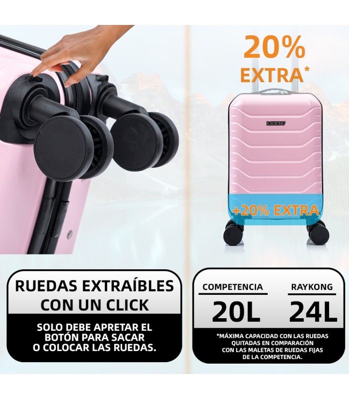 Mala de cabine em ABS 40x30x20 (24L) | Capacidade máxima com rodas amovíveis para Ryanair | Vueling - RosaClaro