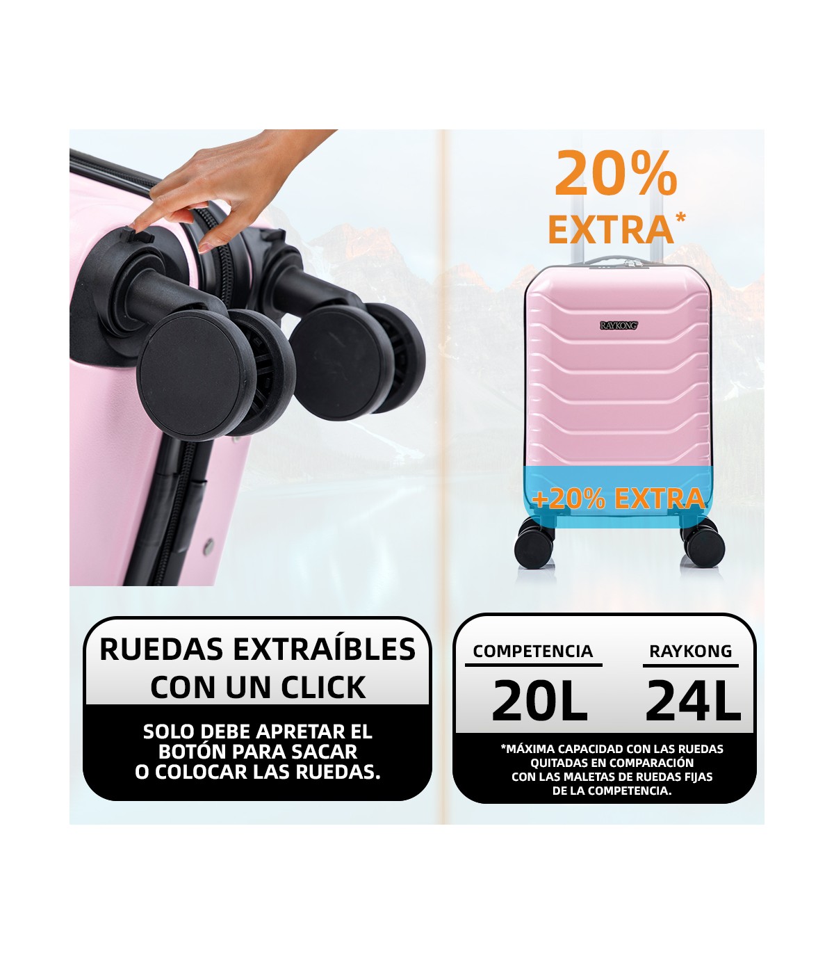 Mala de cabine em ABS 40x30x20 (24L) | Capacidade máxima com rodas amovíveis para Ryanair | Vueling - RosaClaro