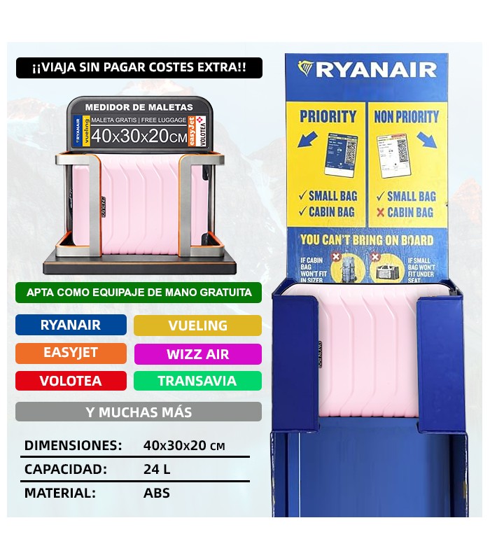 Mala de cabine em ABS 40x30x20 (24L) | Capacidade máxima com rodas amovíveis para Ryanair | Vueling - RosaClaro