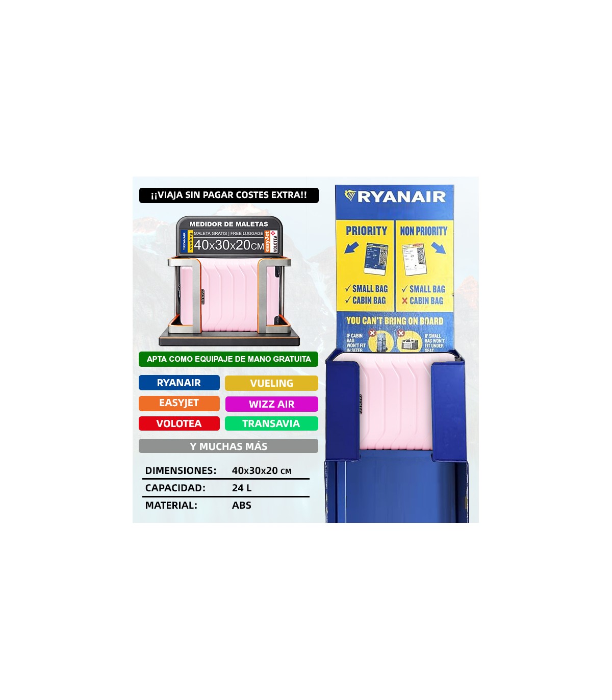 Mala de cabine em ABS 40x30x20 (24L) | Capacidade máxima com rodas amovíveis para Ryanair | Vueling - RosaClaro
