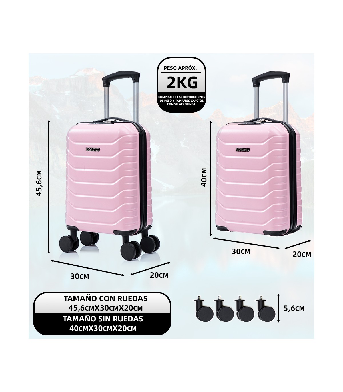 Mala de cabine em ABS 40x30x20 (24L) | Capacidade máxima com rodas amovíveis para Ryanair | Vueling - RosaClaro