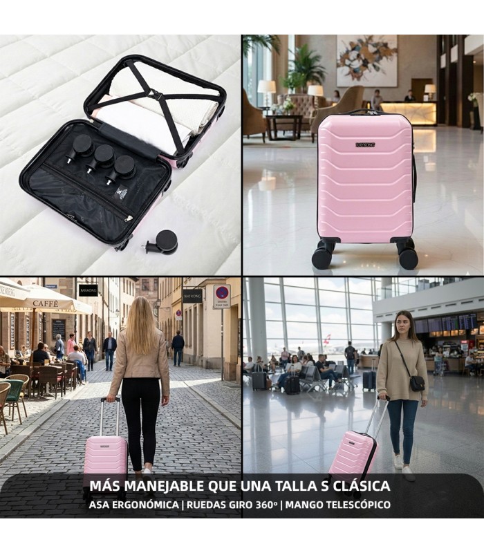 Maleta Cabina ABS 40x30x20(24L)| Maxima Capacidad con Ruedas Desmontables para Ryanair | Vueling - RosaClaro