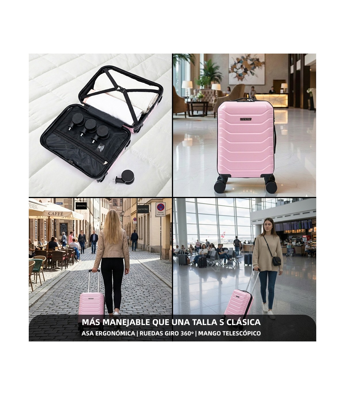 Maleta Cabina ABS 40x30x20(24L)| Maxima Capacidad con Ruedas Desmontables para Ryanair | Vueling - RosaClaro