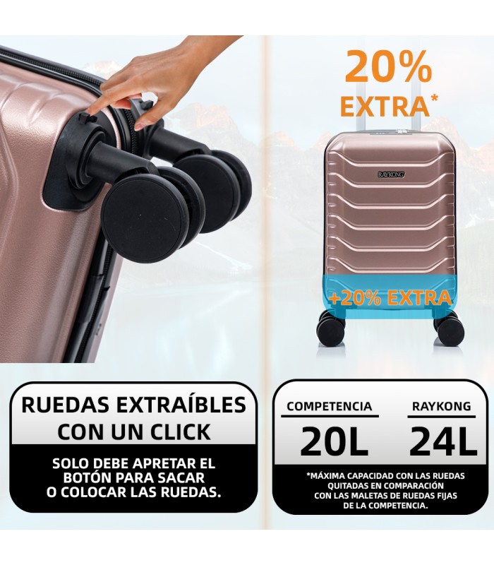 Maleta Cabina ABS 40x30x20(24L)| Maxima Capacidad con Ruedas Desmontables para Ryanair | Vueling - RosaDorada