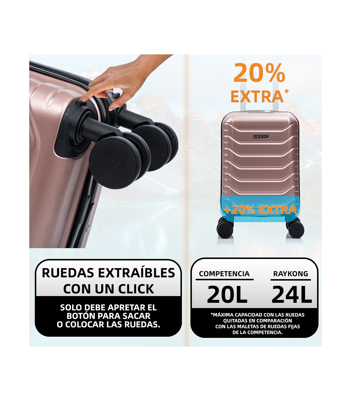 Maleta Cabina ABS 40x30x20(24L)| Maxima Capacidad con Ruedas Desmontables para Ryanair | Vueling - RosaDorada