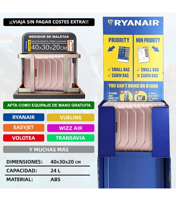 Mala de cabine em ABS 40x30x20 (24L) | Capacidade máxima com rodas amovíveis para Ryanair | Vueling - RosaDourado