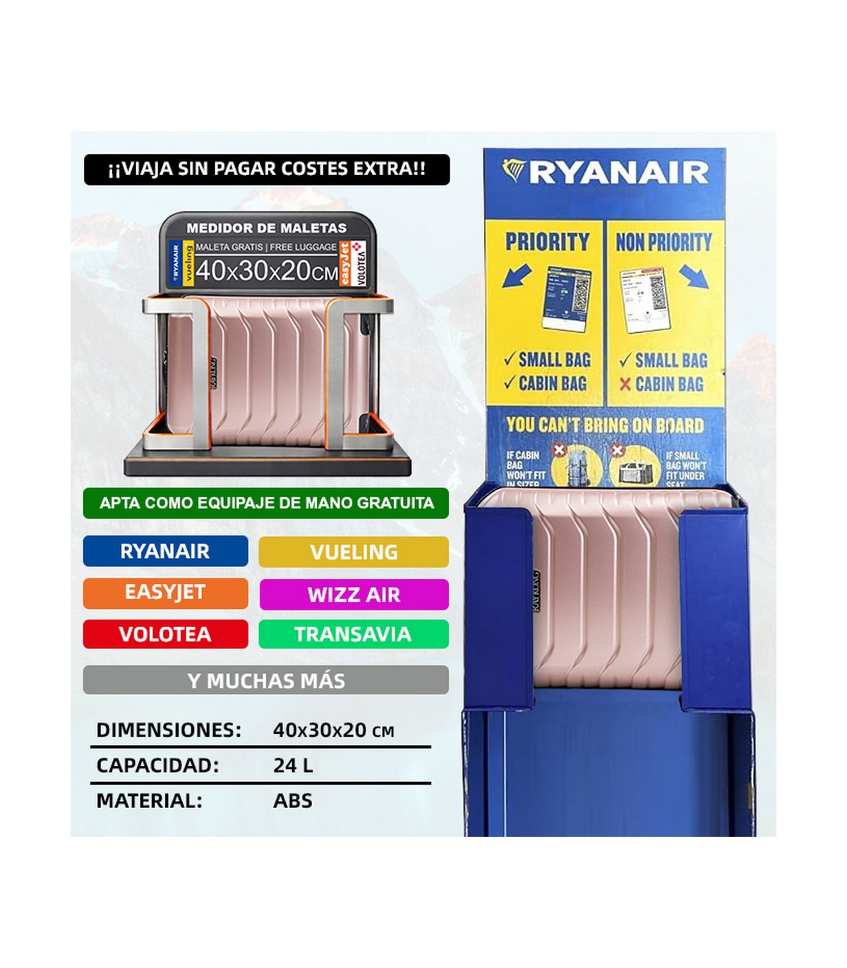 Maleta Cabina ABS 40x30x20(24L)| Maxima Capacidad con Ruedas Desmontables para Ryanair | Vueling - RosaDorada
