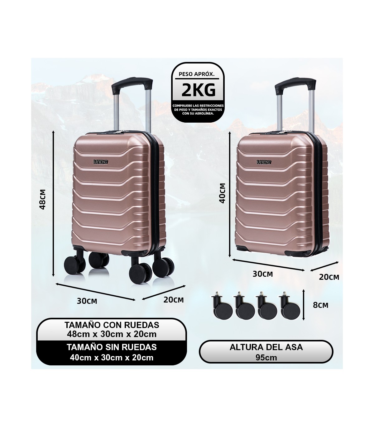 Maleta Cabina ABS 40x30x20(24L)| Maxima Capacidad con Ruedas Desmontables para Ryanair | Vueling - RosaDorada