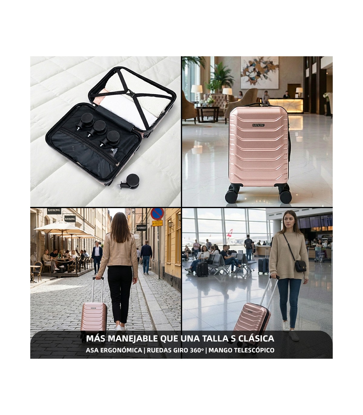 Maleta Cabina ABS 40x30x20(24L)| Maxima Capacidad con Ruedas Desmontables para Ryanair | Vueling - RosaDorada