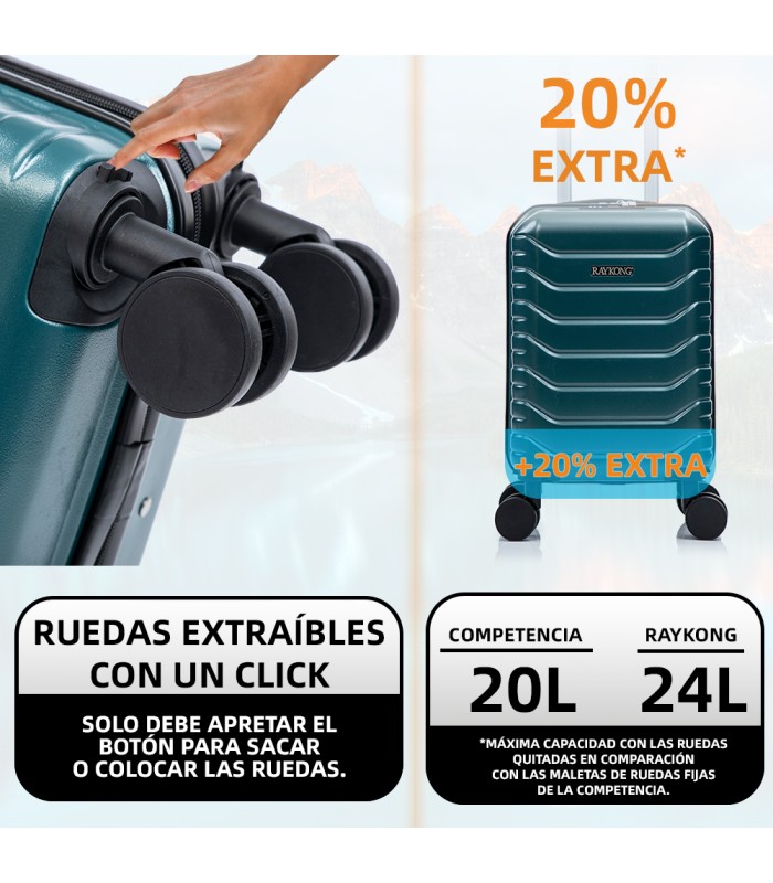 Mala de cabine em ABS 40x30x20 (24L) | Capacidade máxima com rodas amovíveis para Ryanair | Vueling - Verde