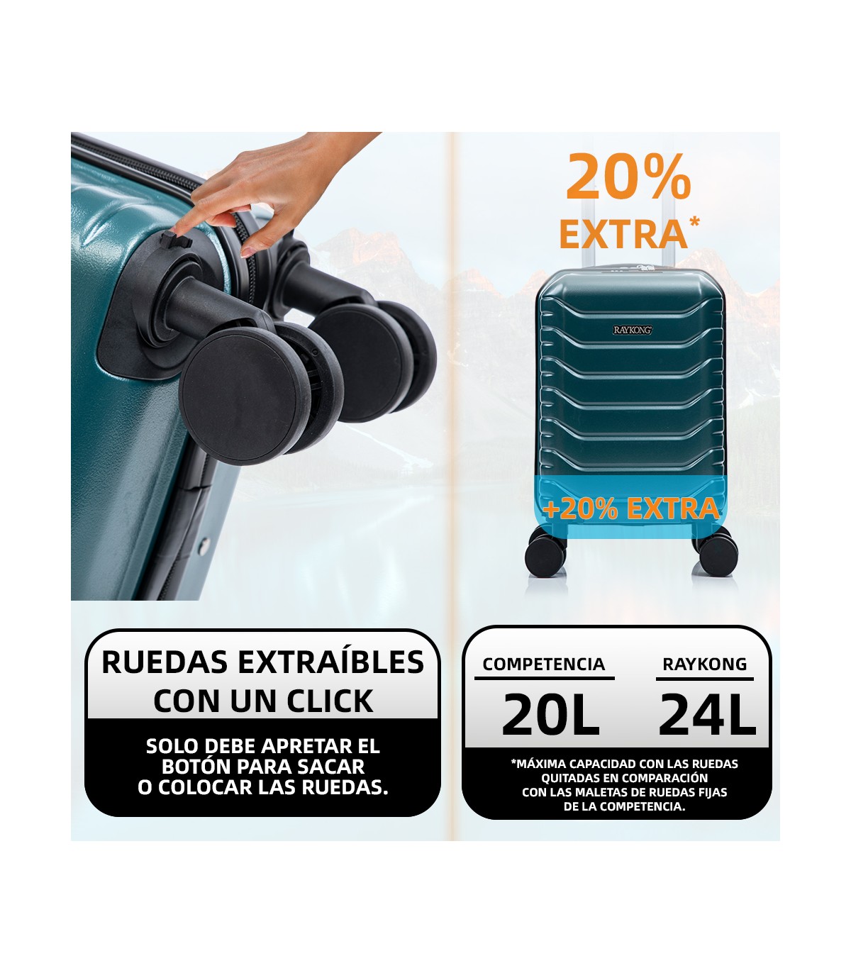 Mala de cabine em ABS 40x30x20 (24L) | Capacidade máxima com rodas amovíveis para Ryanair | Vueling - Verde