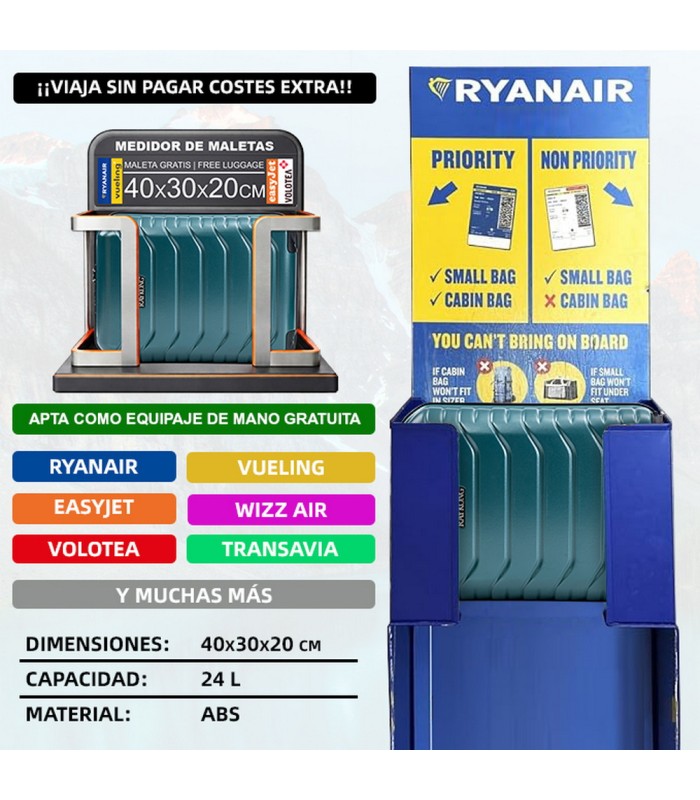 Maleta Cabina ABS 40x30x20(24L)| Maxima Capacidad con Ruedas Desmontables para Ryanair | Vueling - Verde