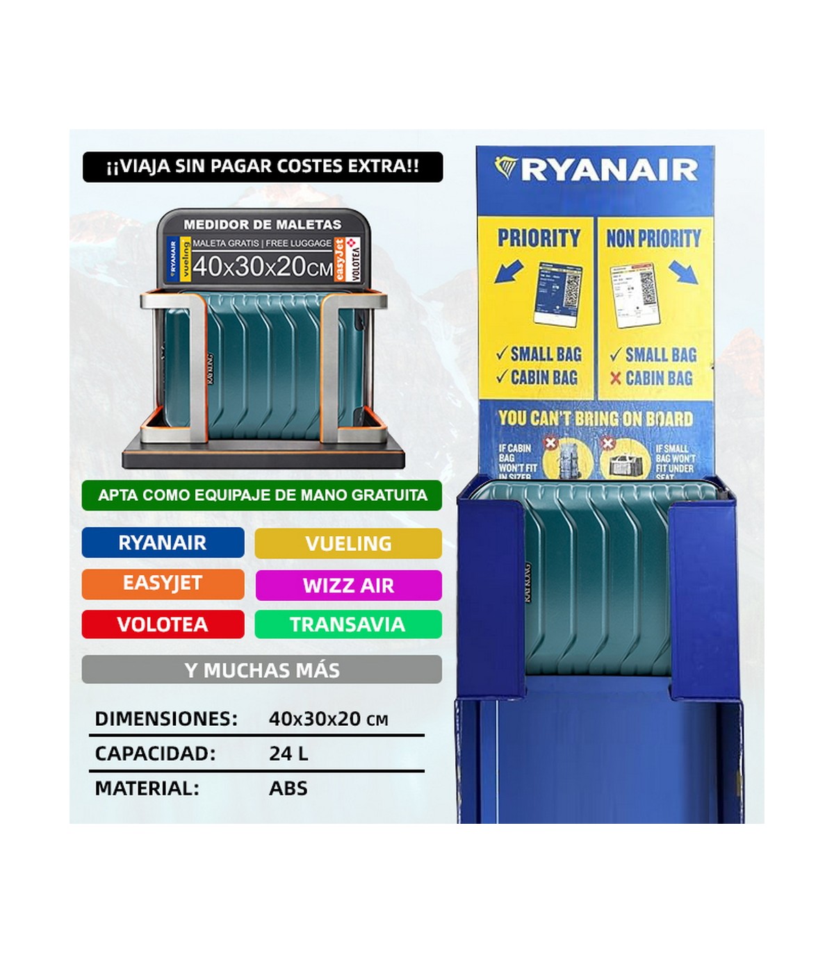 Maleta Cabina ABS 40x30x20(24L)| Maxima Capacidad con Ruedas Desmontables para Ryanair | Vueling - Verde