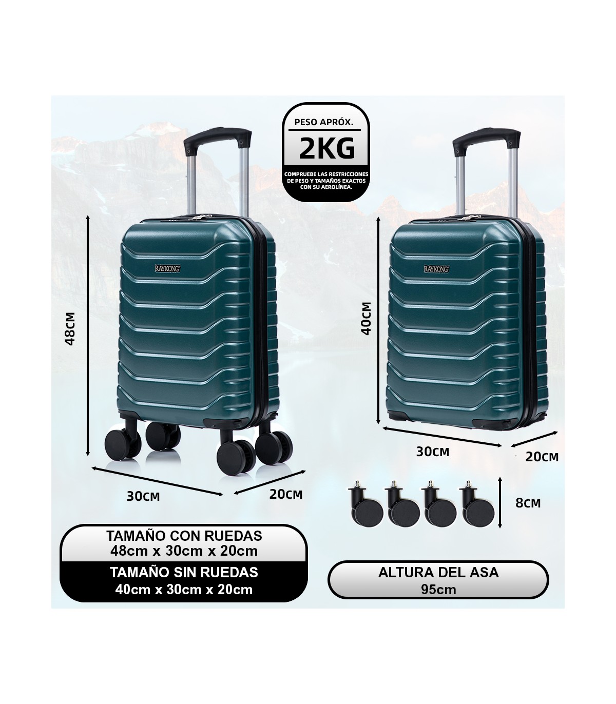 Maleta Cabina ABS 40x30x20(24L)| Maxima Capacidad con Ruedas Desmontables para Ryanair | Vueling - Verde