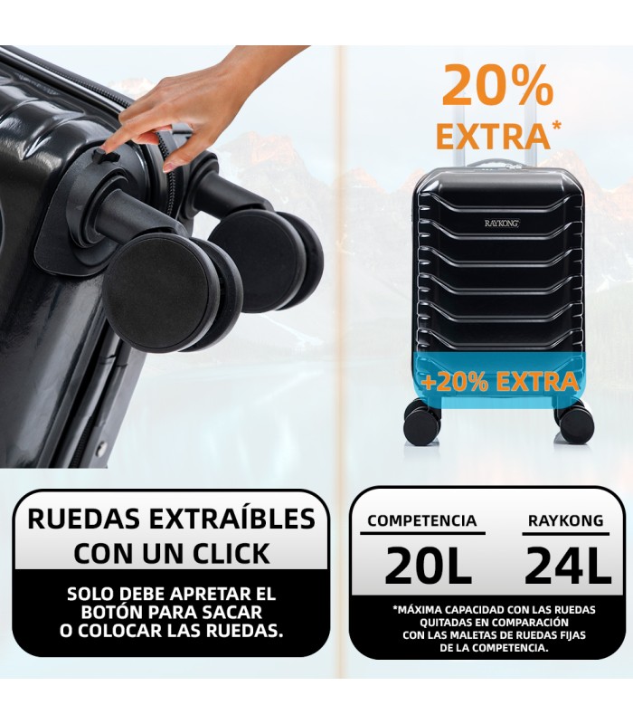 Mala de cabine em ABS 40x30x20 (24L) | Capacidade máxima com rodas amovíveis para Ryanair | Vueling - Preto