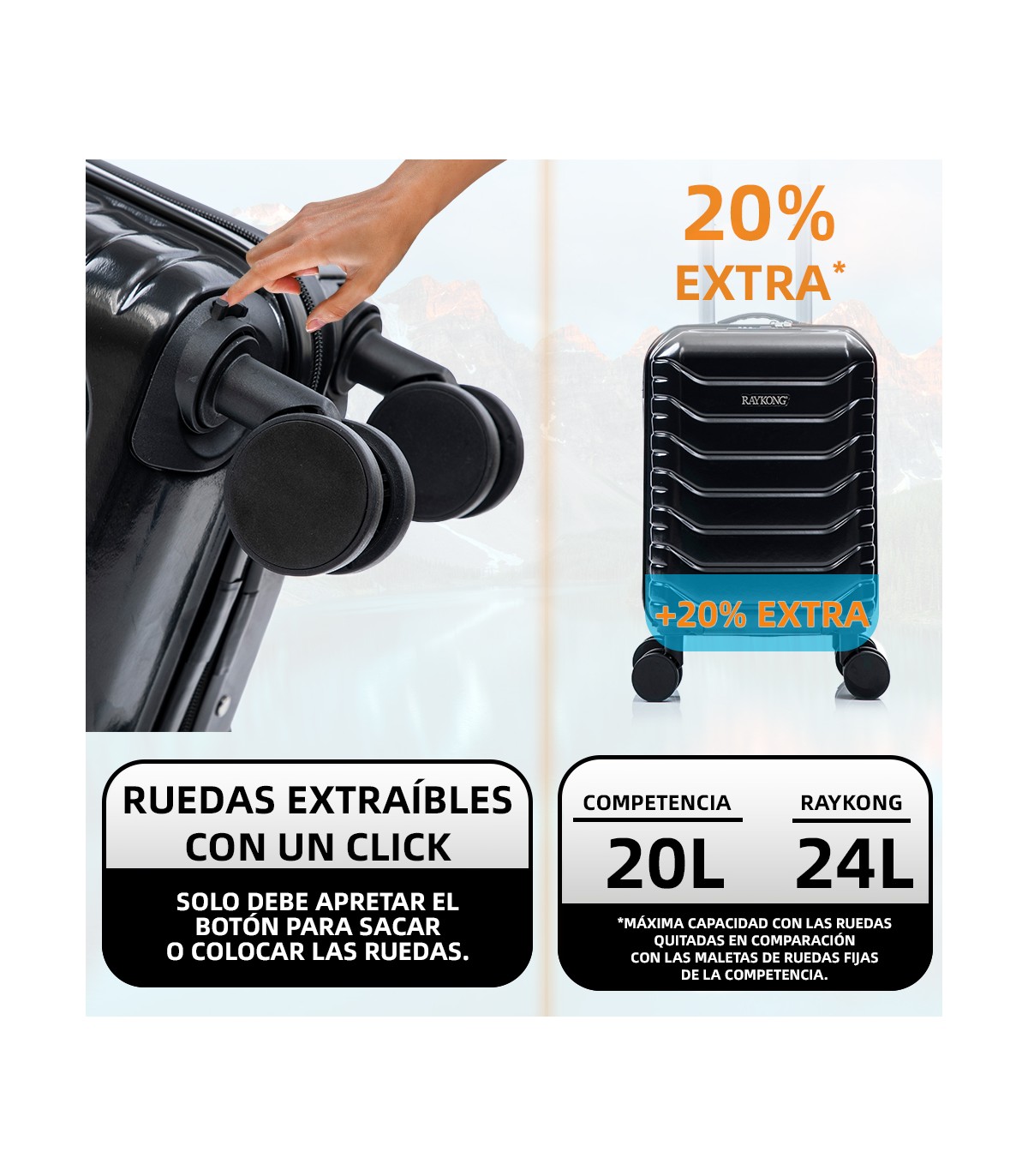 Mala de cabine em ABS 40x30x20 (24L) | Capacidade máxima com rodas amovíveis para Ryanair | Vueling - Preto