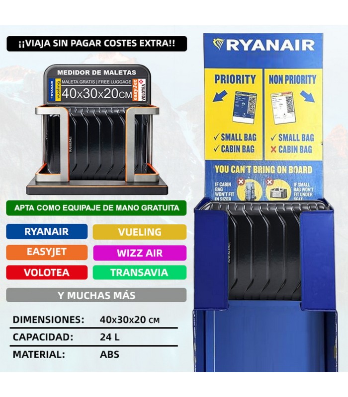 Mala de cabine em ABS 40x30x20 (24L) | Capacidade máxima com rodas amovíveis para Ryanair | Vueling - Preto