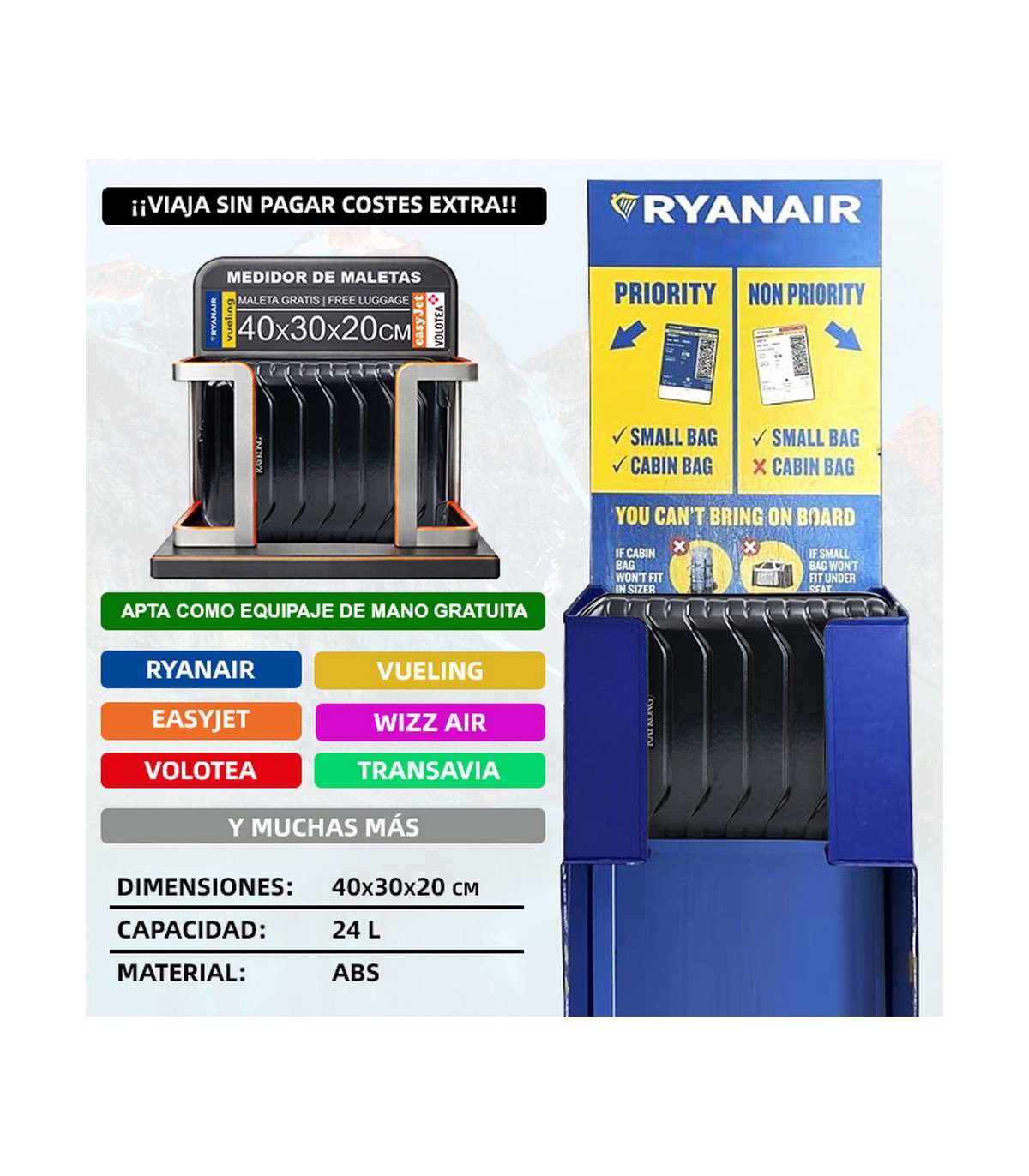 Mala de cabine em ABS 40x30x20 (24L) | Capacidade máxima com rodas amovíveis para Ryanair | Vueling - Preto