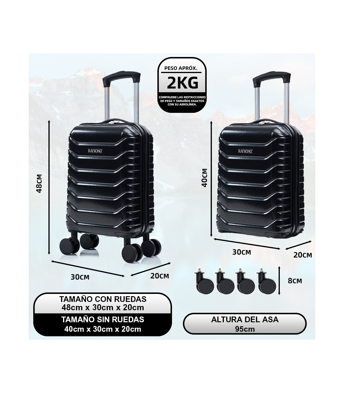 Mala de cabine em ABS 40x30x20 (24L) | Capacidade máxima com rodas amovíveis para Ryanair | Vueling - Preto