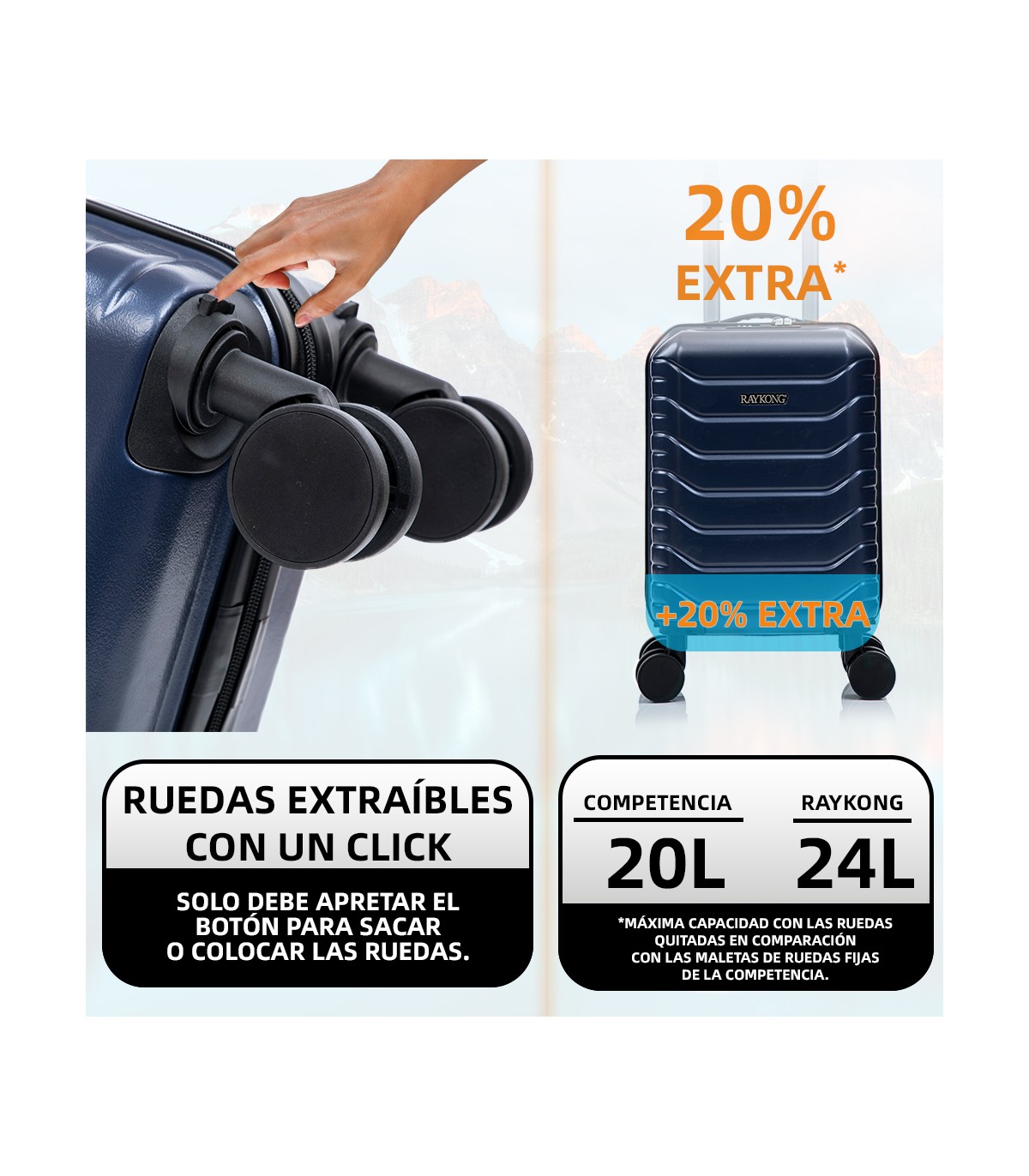 Maleta Cabina ABS 40x30x20(24L)| Maxima Capacidad con Ruedas Desmontables para Ryanair | Vueling - AzulMarino