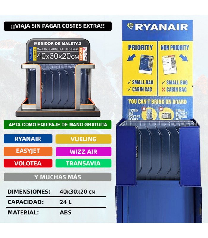 Mala de cabine em ABS 40x30x20 (24L) | Capacidade máxima com rodas amovíveis para Ryanair | Vueling - Azul-marinho