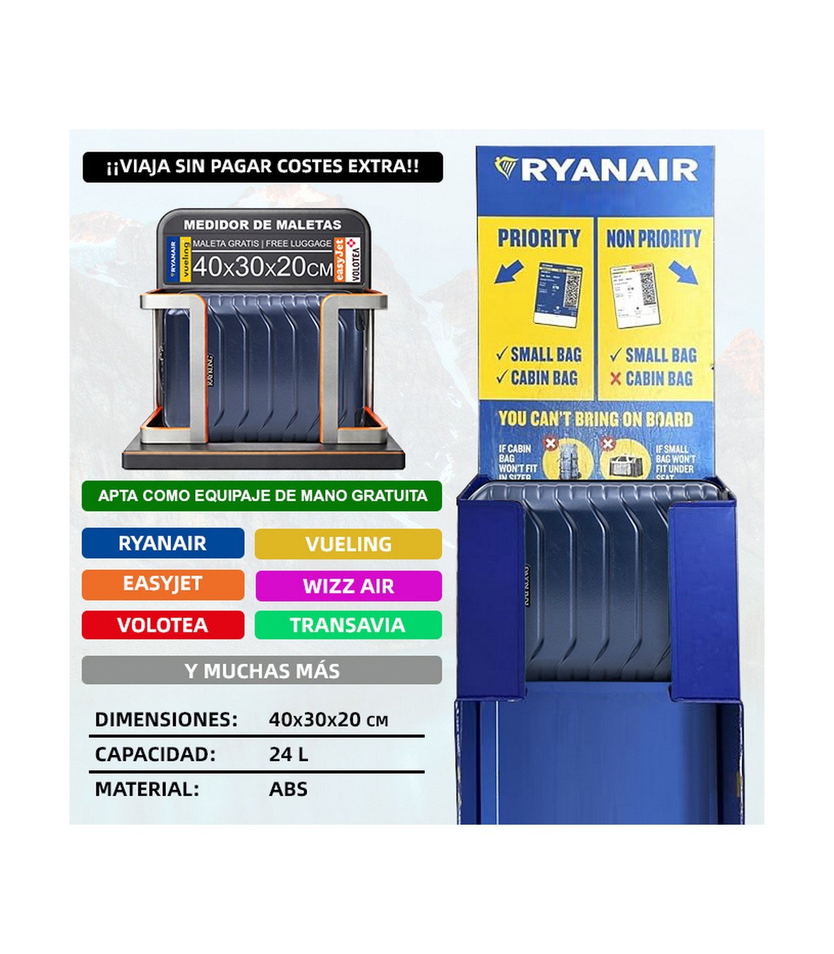 Maleta Cabina ABS 40x30x20(24L)| Maxima Capacidad con Ruedas Desmontables para Ryanair | Vueling - AzulMarino