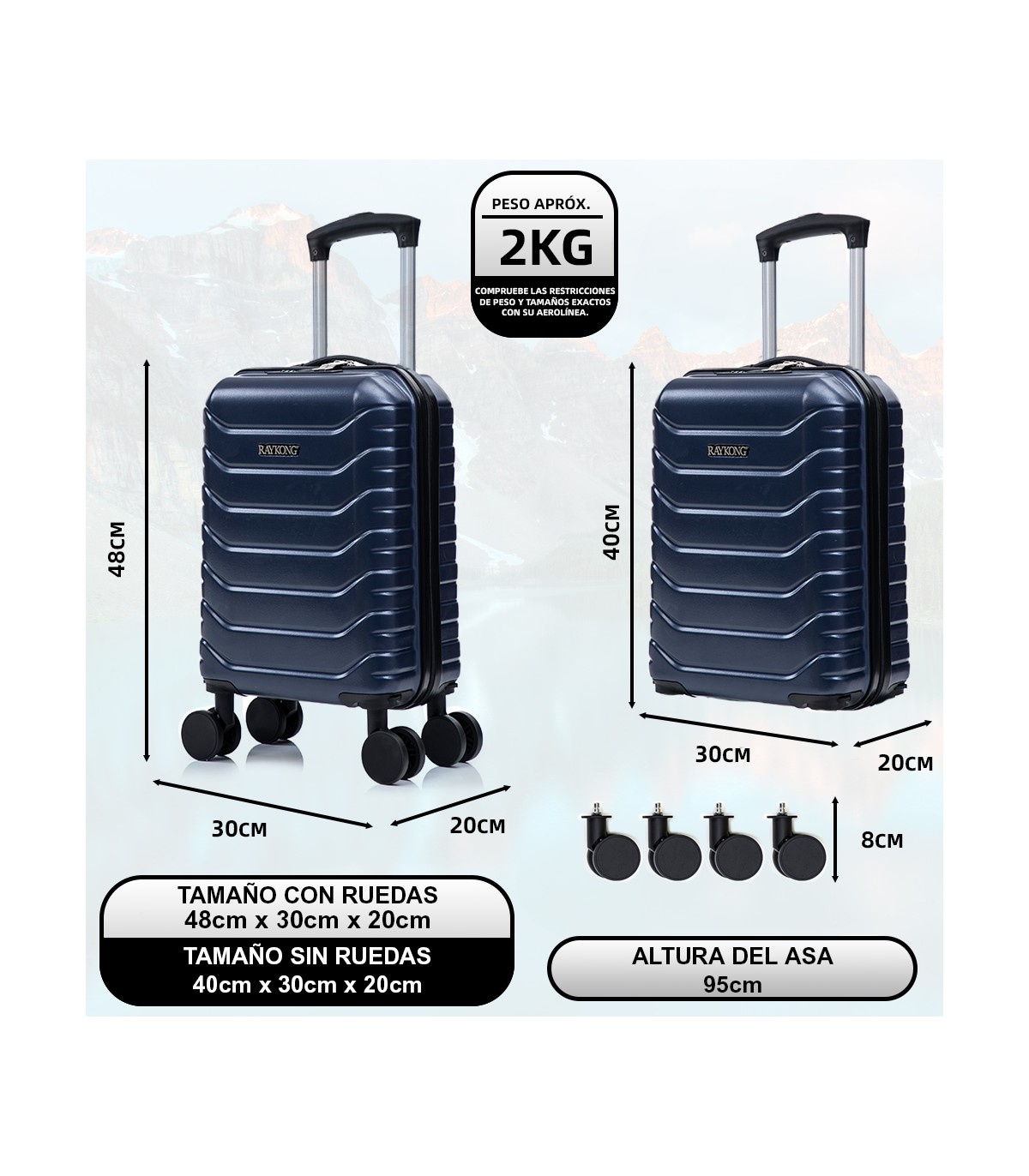 Maleta Cabina ABS 40x30x20(24L)| Maxima Capacidad con Ruedas Desmontables para Ryanair | Vueling - AzulMarino