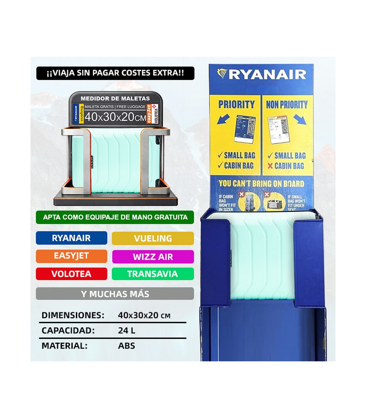 Maleta Cabina ABS 40x30x20(24L)| Maxima Capacidad con Ruedas Desmontables para Ryanair | Vueling - Menta