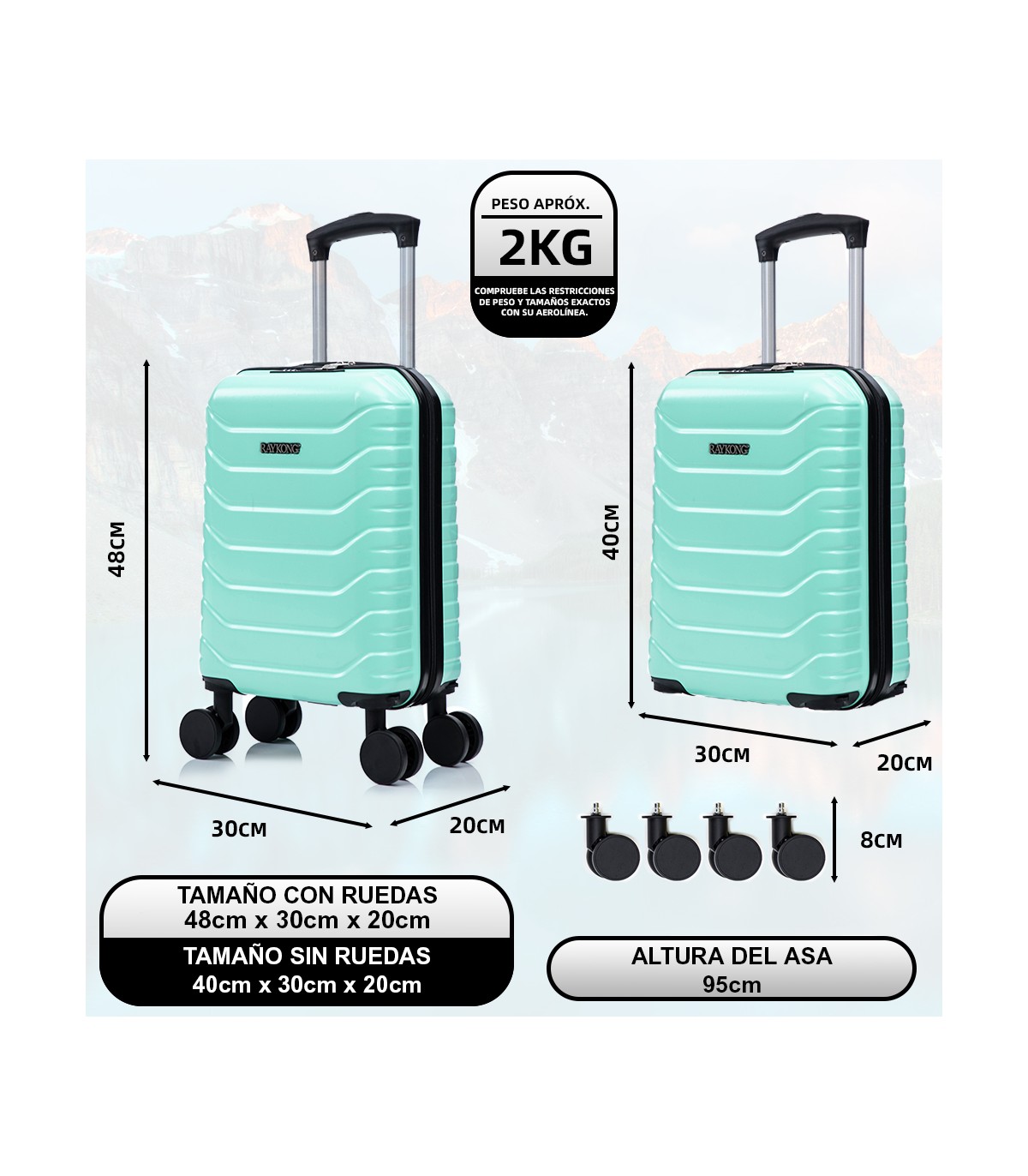 Maleta Cabina ABS 40x30x20(24L)| Maxima Capacidad con Ruedas Desmontables para Ryanair | Vueling - Menta