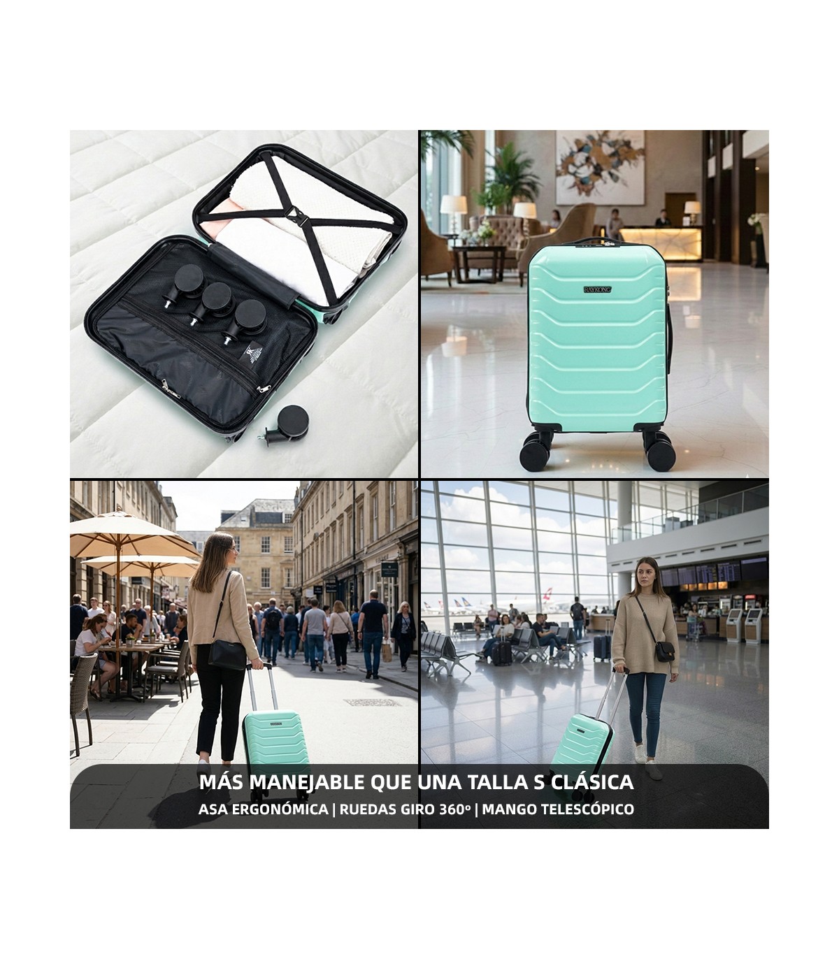Maleta Cabina ABS 40x30x20(24L)| Maxima Capacidad con Ruedas Desmontables para Ryanair | Vueling - Menta