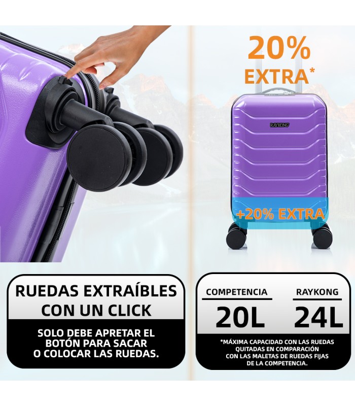 Mala de cabine em ABS 40x30x20 (24L) | Capacidade máxima com rodas amovíveis para Ryanair | Vueling - Roxo