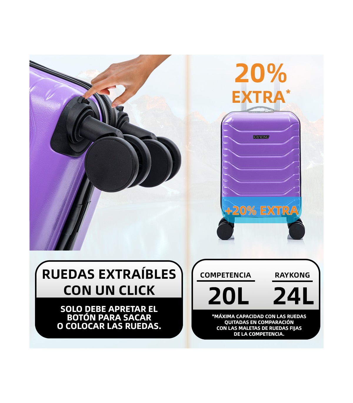 Mala de cabine em ABS 40x30x20 (24L) | Capacidade máxima com rodas amovíveis para Ryanair | Vueling - Roxo