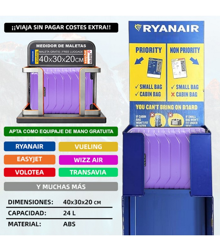 Maleta Cabina ABS 40x30x20(24L)| Maxima Capacidad con Ruedas Desmontables para Ryanair | Vueling - Morado