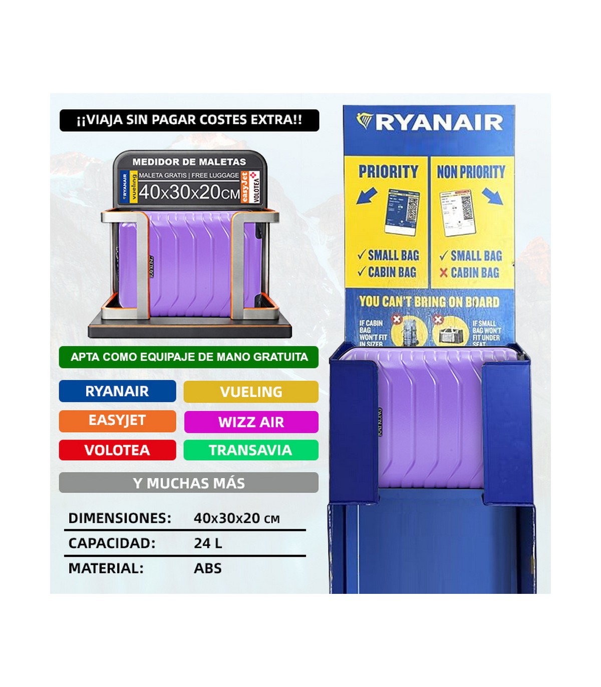 Mala de cabine em ABS 40x30x20 (24L) | Capacidade máxima com rodas amovíveis para Ryanair | Vueling - Roxo