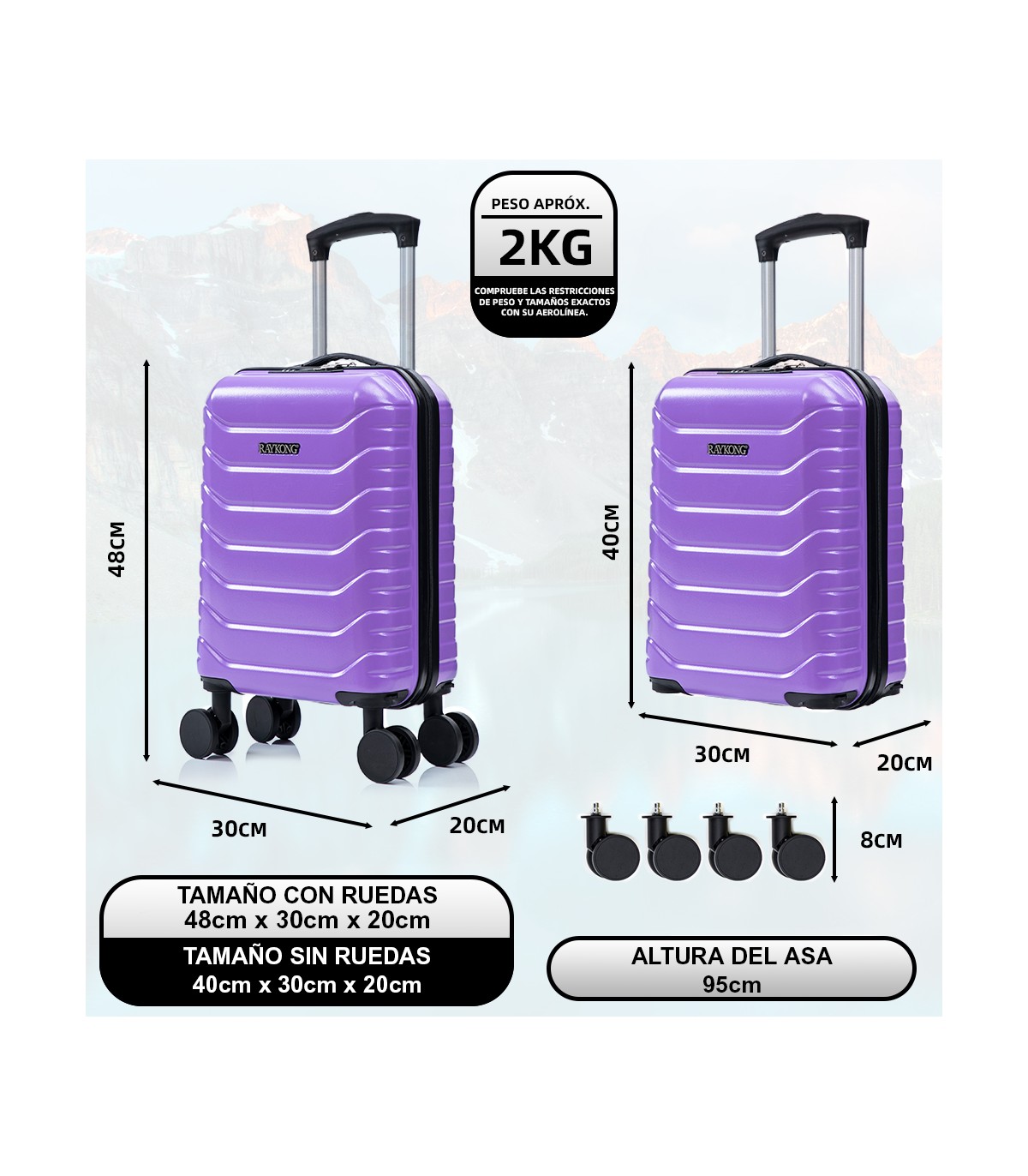 Mala de cabine em ABS 40x30x20 (24L) | Capacidade máxima com rodas amovíveis para Ryanair | Vueling - Roxo