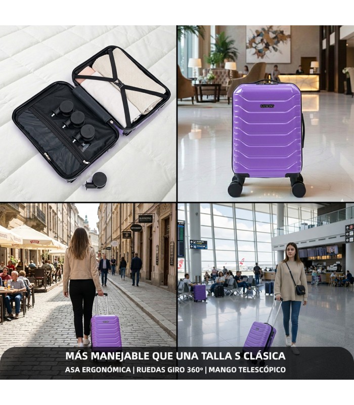 Mala de cabine em ABS 40x30x20 (24L) | Capacidade máxima com rodas amovíveis para Ryanair | Vueling - Roxo