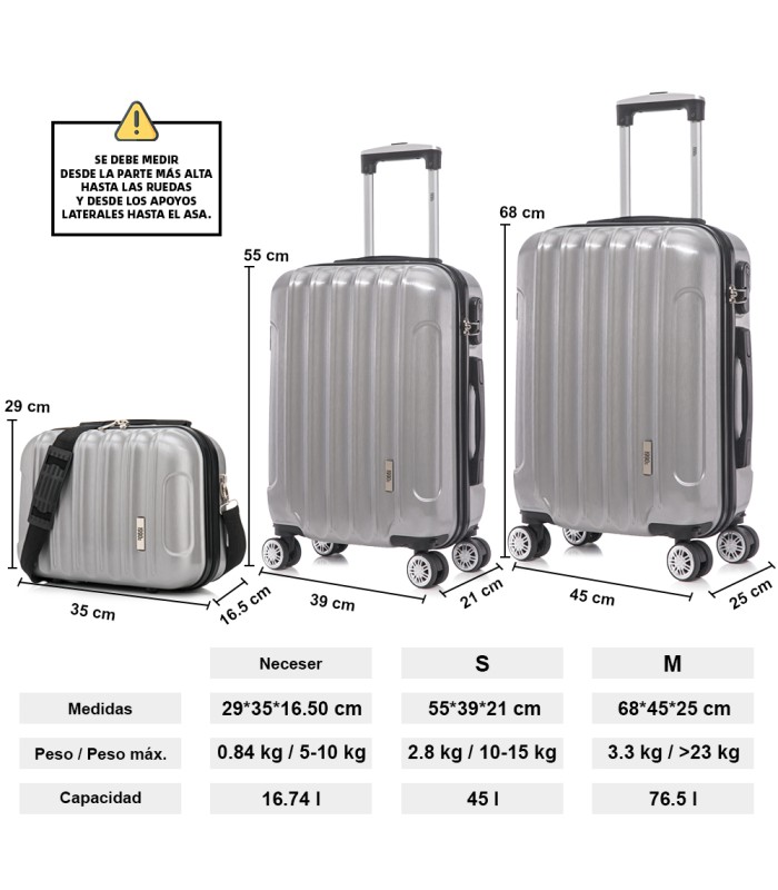 1990s Conjunto de malas rígidas em policarbonato 3 peças|Bagagem de cabine 55cm|Bagagem média 68cm|Necessaire 29cm - Prata