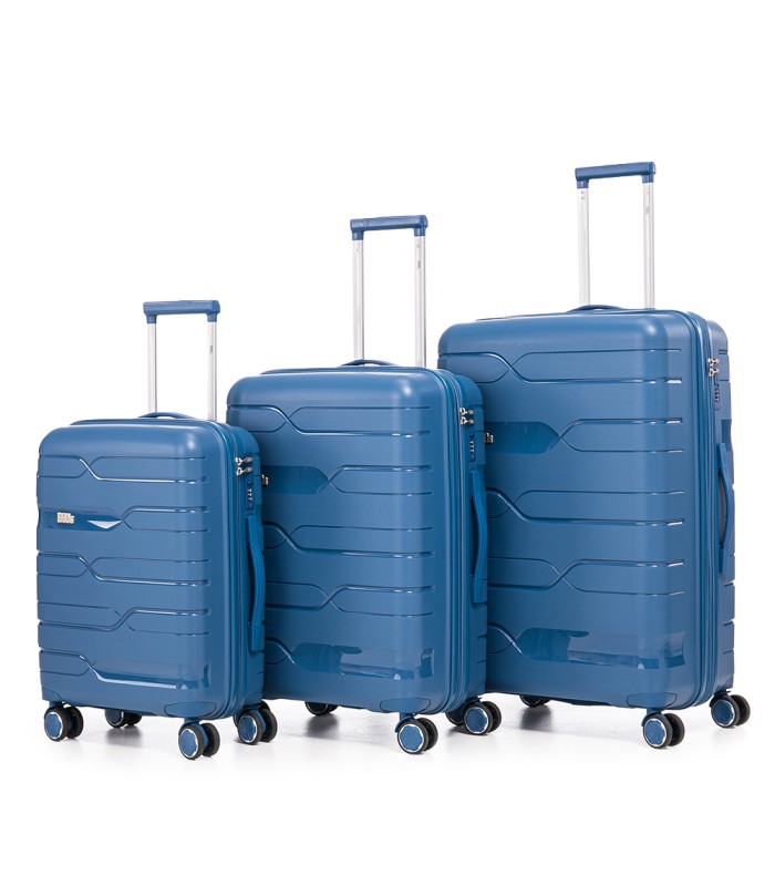 1990s Conjunto de mala expansível polipropileno 3 peças|Cabine 55x38x22cm|Médio 65cm|Grande 75cm - Azul-marinho