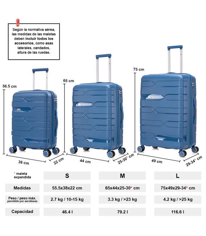 1990s Conjunto de mala expansível polipropileno 3 peças|Cabine 55x38x22cm|Médio 65cm|Grande 75cm - Azul-marinho
