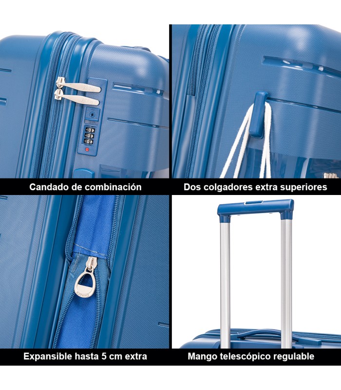 1990s Conjunto de mala expansível polipropileno 3 peças|Cabine 55x38x22cm|Médio 65cm|Grande 75cm - Azul-marinho