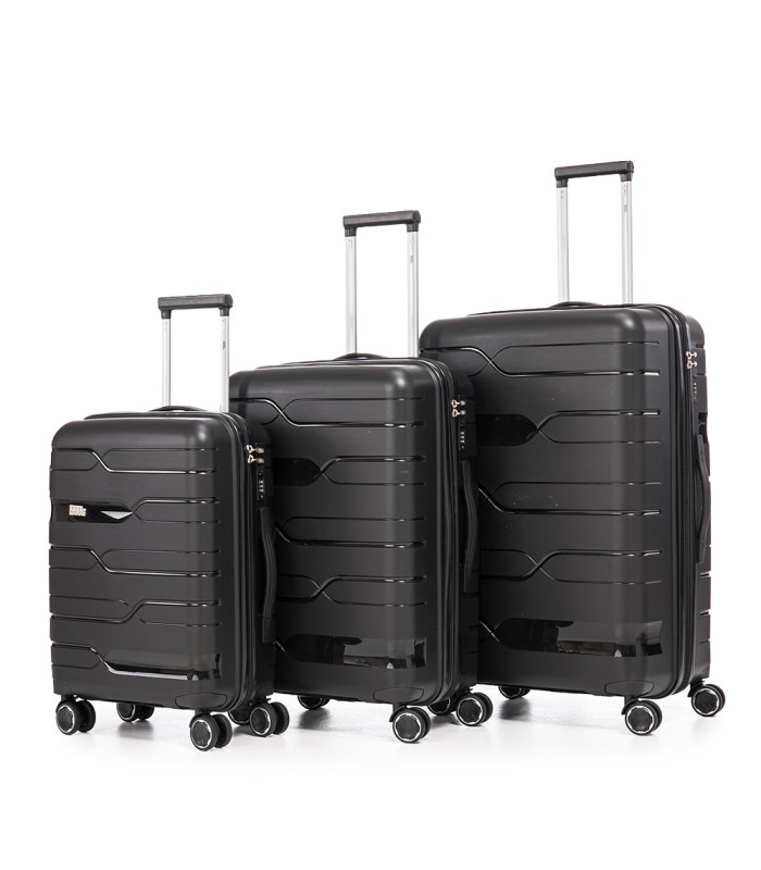 1990s Conjunto de mala expansível polipropileno 3 peças|Cabine 55x38x22cm|Médio 65cm|Grande 75cm - Preto