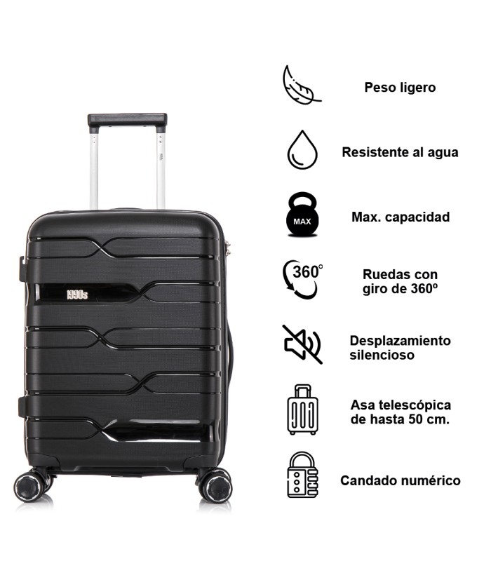 1990s Conjunto de mala expansível polipropileno 3 peças|Cabine 55x38x22cm|Médio 65cm|Grande 75cm - Preto