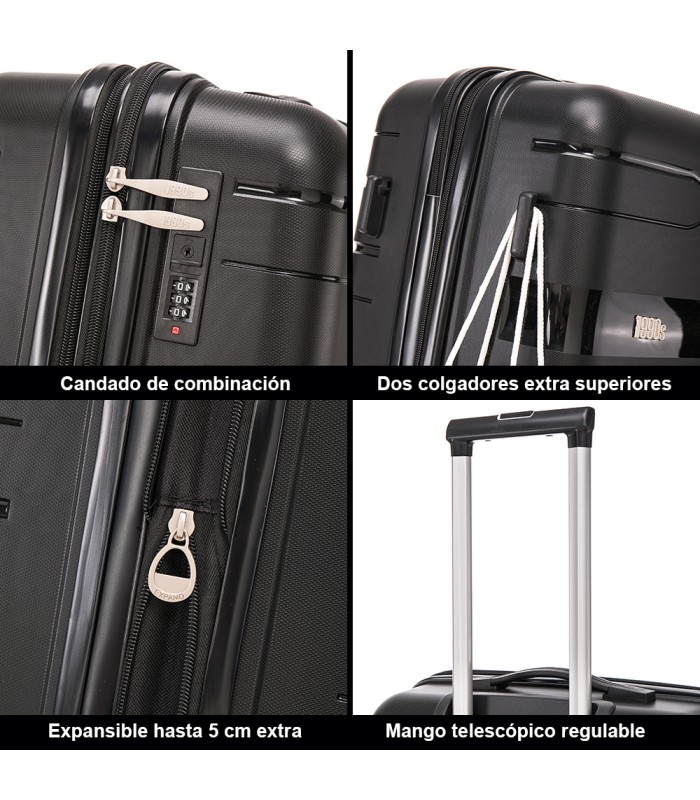 1990s Conjunto de mala expansível polipropileno 3 peças|Cabine 55x38x22cm|Médio 65cm|Grande 75cm - Preto