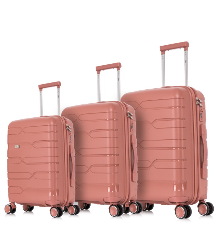 1990s Conjunto de mala expansível polipropileno 3 peças|Cabine 55x38x22cm|Médio 65cm|Grande 75cm - Ouro rosa